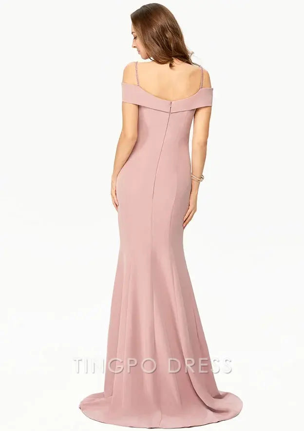 TingPo Wholesale Elegant Trumpet/Mermaid Off-the-Shoulder Sleeveless Stretch Crepe Court Train Prom Dress With Split Sequins Beading